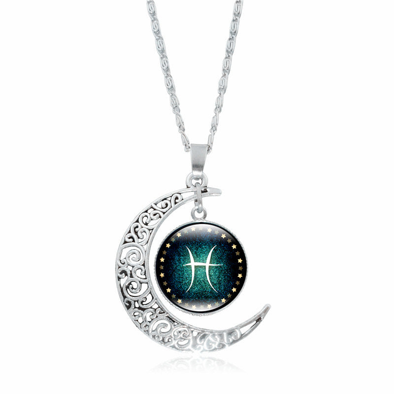 Pendentif Lune Argentée Signe du Zodiaque avec Gemmes Incrustées
