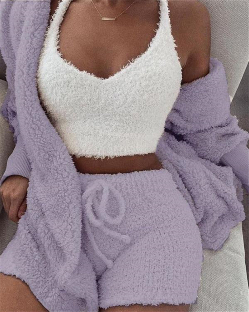 Ensemble Pyjama Femme 3 Pièces Haut à Manches Longues, Crop Top et Short à Cordons