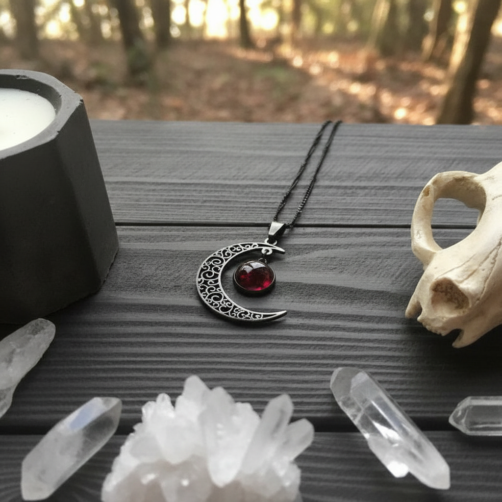 Collier Lune Noire gemme rouge