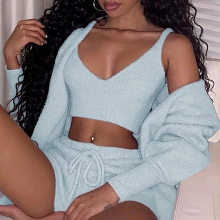 Ensemble Pyjama Femme 3 Pièces  Haut à Manches Longues, Crop Top et Short à Cordons