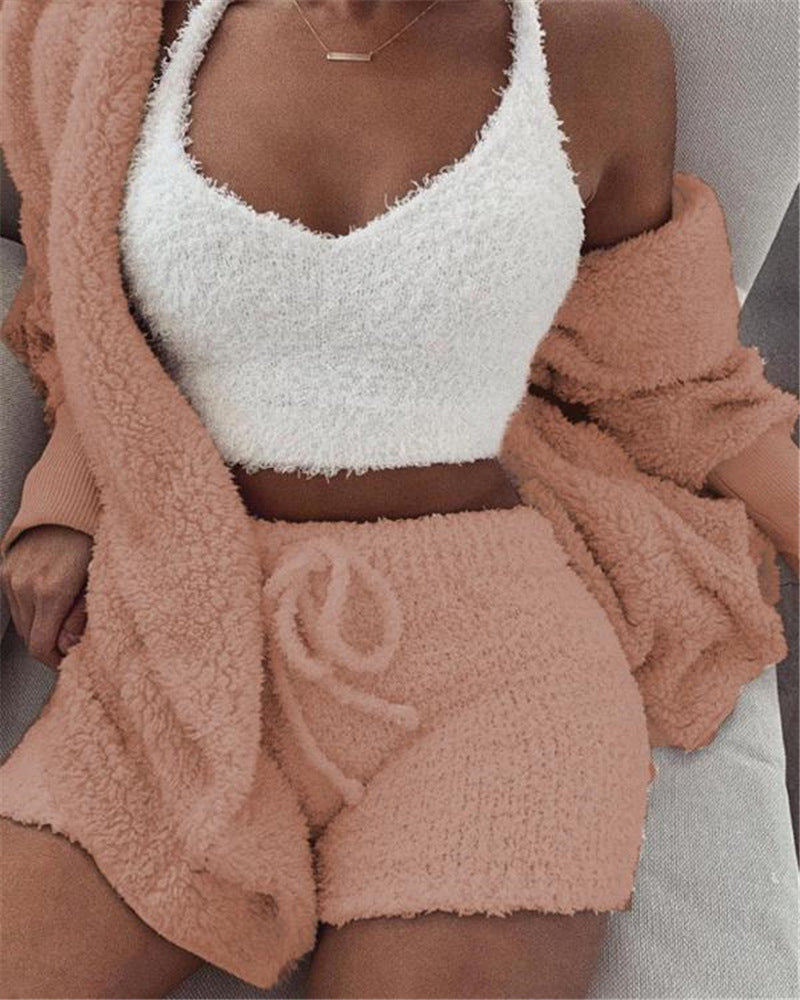 Ensemble Pyjama Femme 3 Pièces  Haut à Manches Longues, Crop Top et Short à Cordons