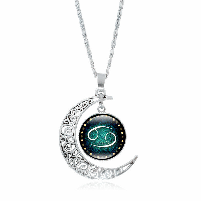 Pendentif Lune Argentée  Signe du Zodiaque avec Gemmes Incrustées