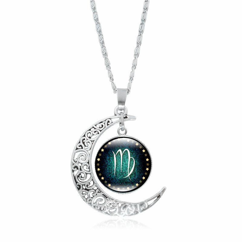 Pendentif Lune Argentée  Signe du Zodiaque avec Gemmes Incrustées