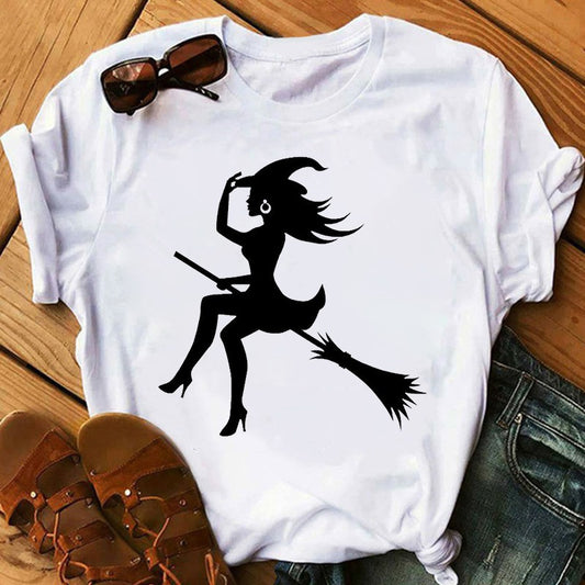 Witch Print Short Sleeve T-shirt Sorcière