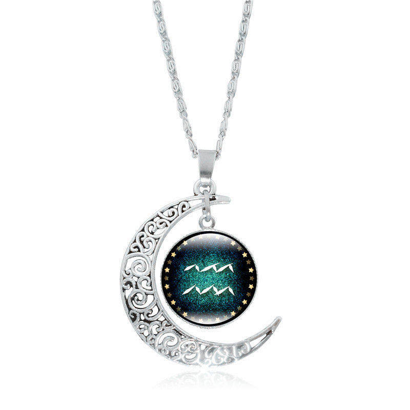 Pendentif Lune Argentée  Signe du Zodiaque avec Gemmes Incrustées