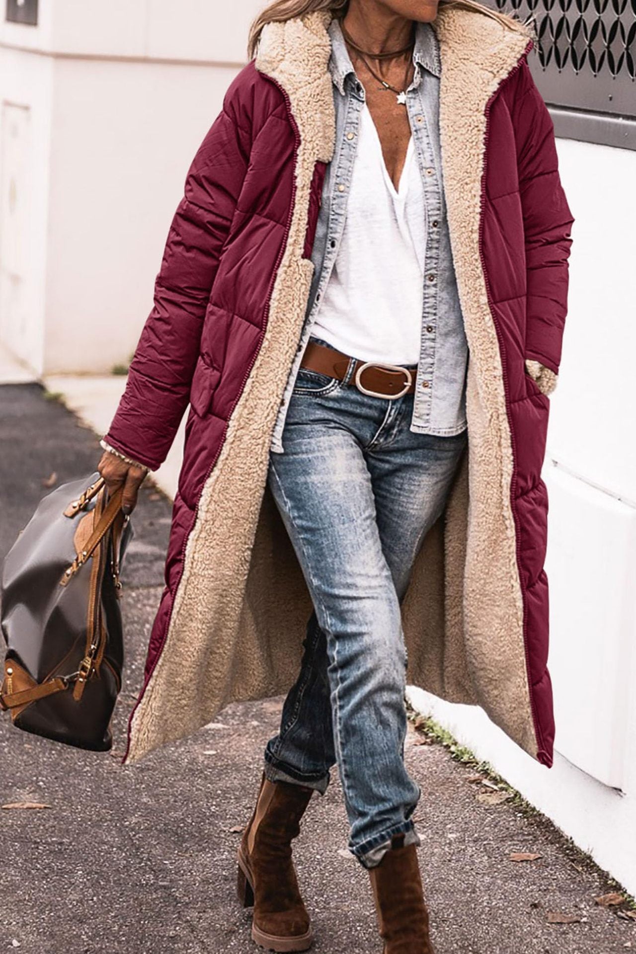 Manteau à capuche uni, long, réversible Manche longue, coupe slim élégante, veste cardigan pour femme, hiver