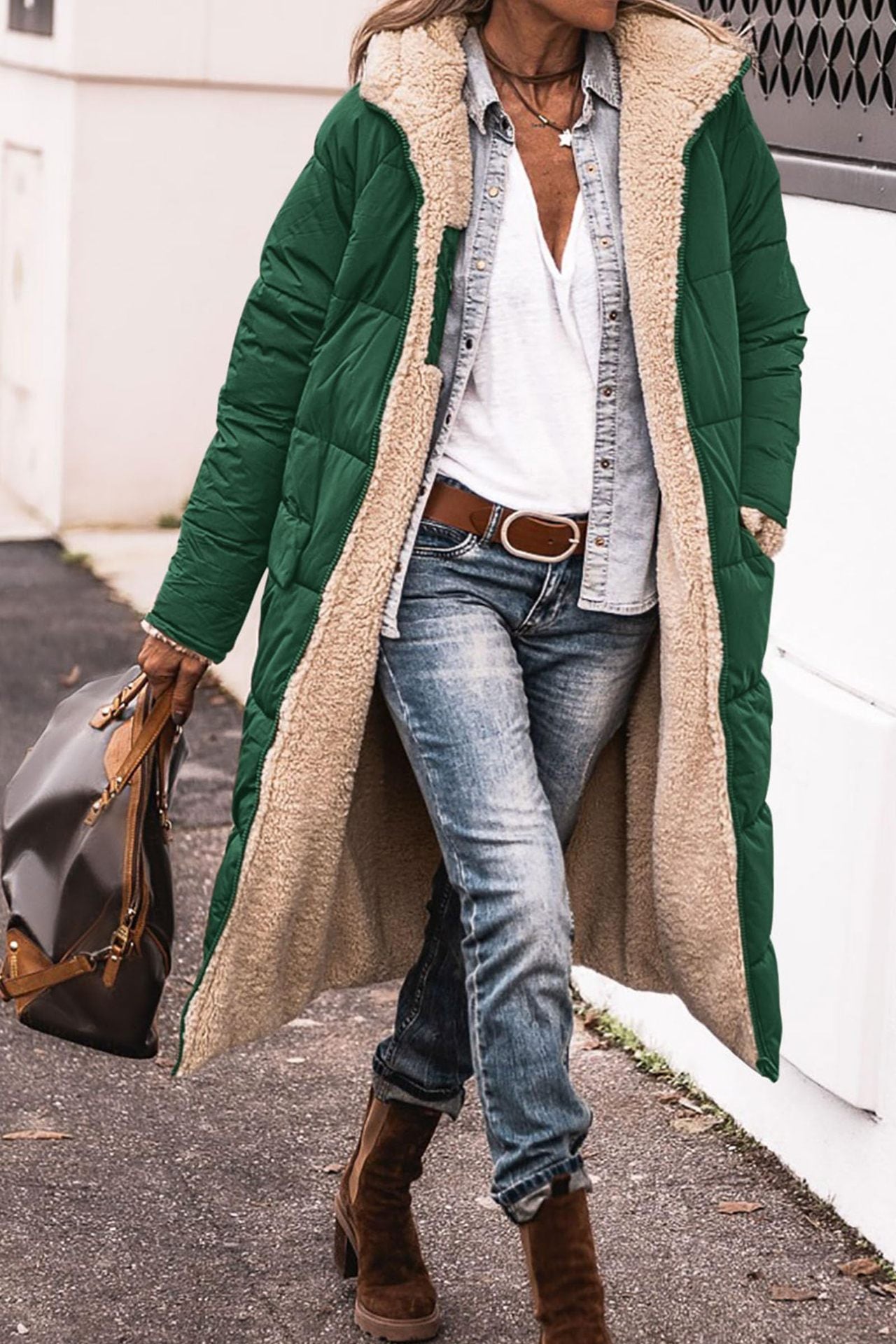 Manteau à capuche uni, long, réversible Manche longue, coupe slim élégante, veste cardigan pour femme, hiver