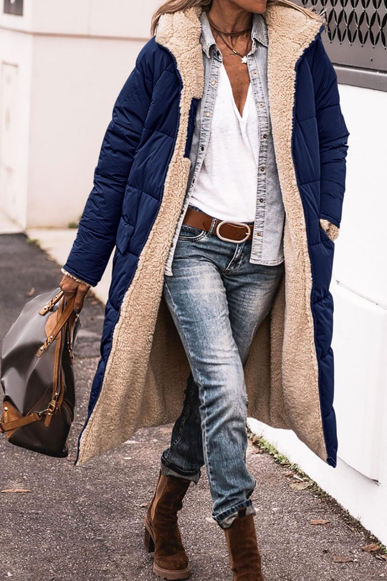 Manteau à capuche uni, long, réversible Manche longue, coupe slim élégante, veste cardigan pour femme, hiver