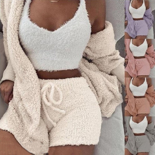 Ensemble Pyjama Femme 3 Pièces  Haut à Manches Longues, Crop Top et Short à Cordons