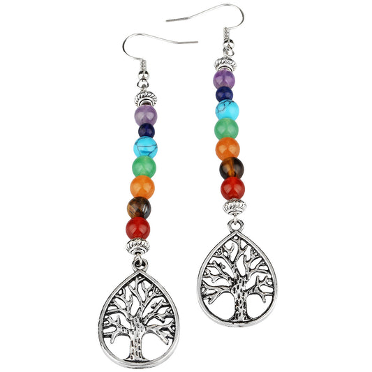 Boucles d’oreilles Cristal Goutte – Arbre de Vie ou Cercle Chakras 7 couleurs des 7 Chakras