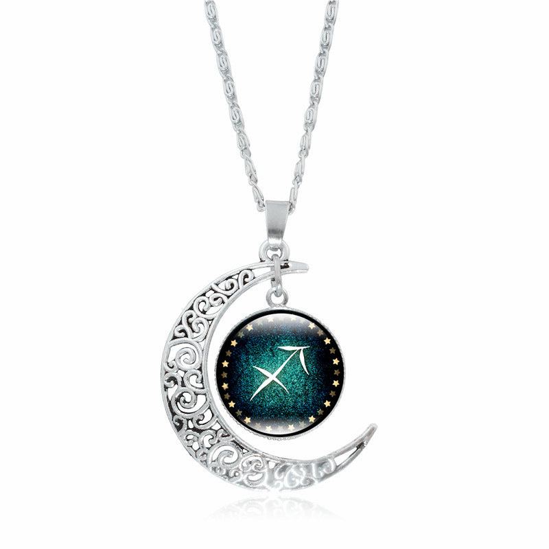 Pendentif Lune Argentée  Signe du Zodiaque avec Gemmes Incrustées