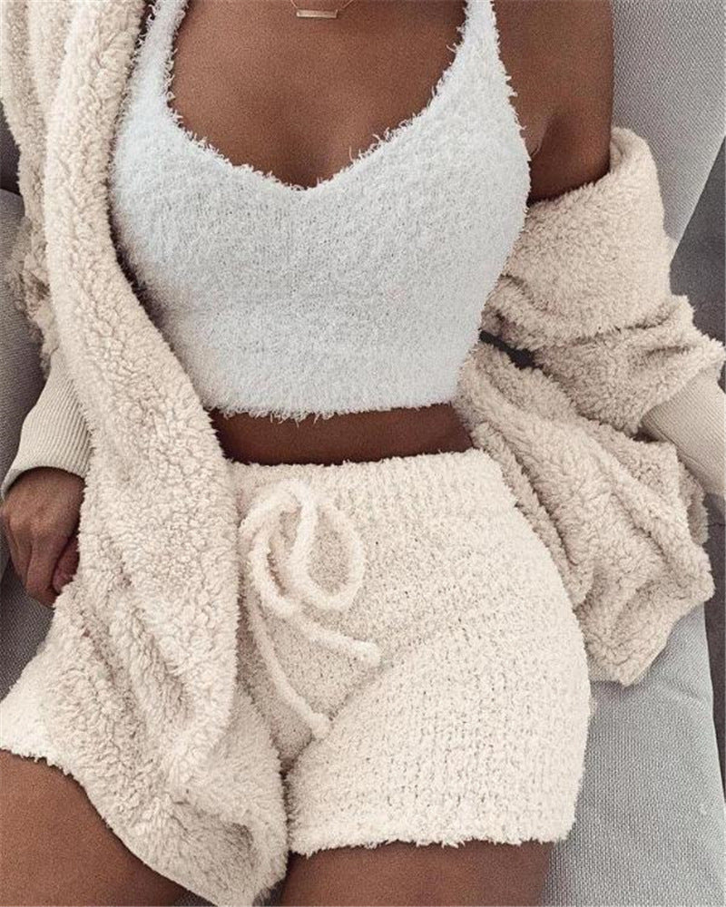 Ensemble Pyjama Femme 3 Pièces  Haut à Manches Longues, Crop Top et Short à Cordons