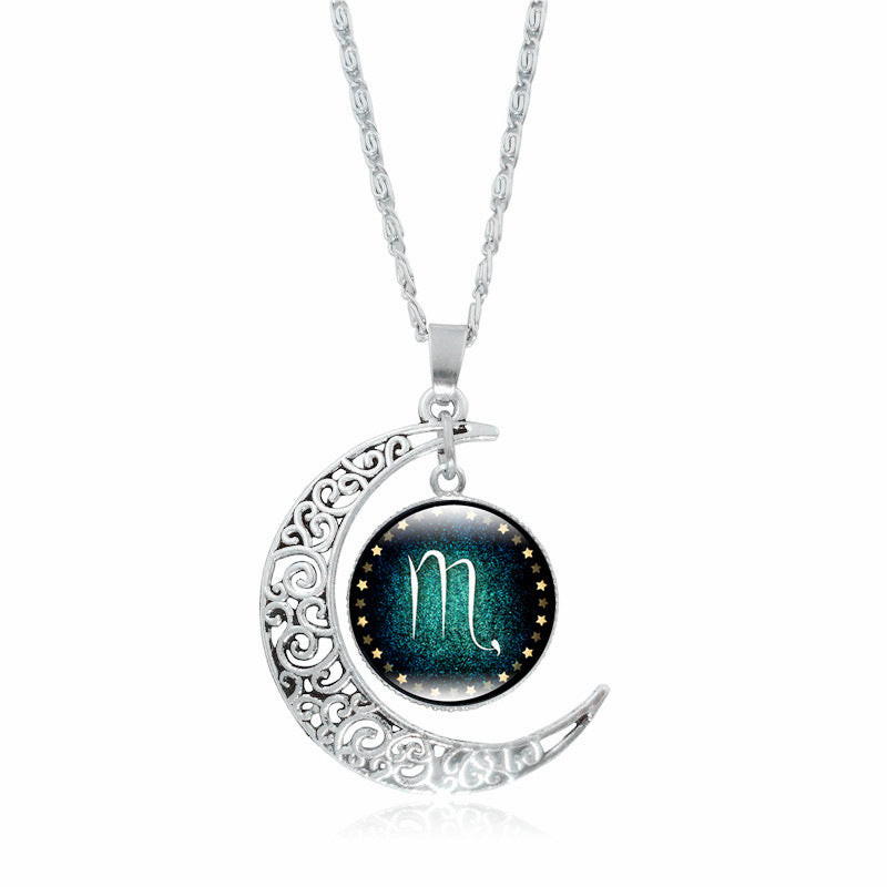 Pendentif Lune Argentée  Signe du Zodiaque avec Gemmes Incrustées