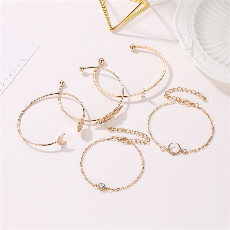 Ensemble de 5 Bracelets Femme Boho Lune Feuille Cristal Protéine Style Plage