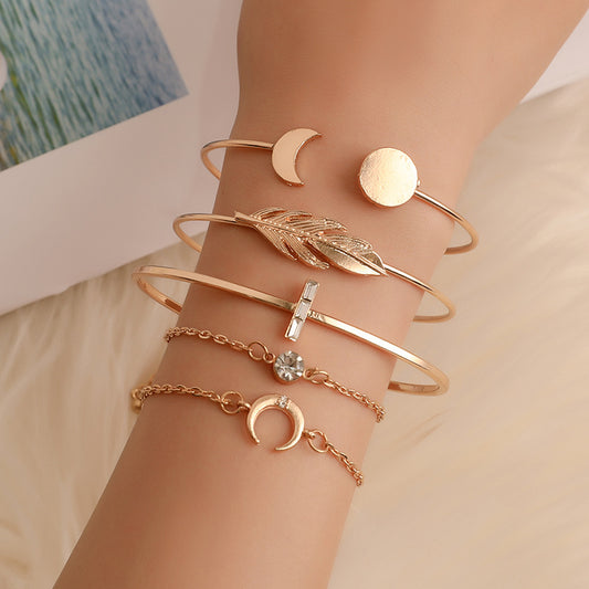 Ensemble de 5 Bracelets Femme Boho Lune Feuille Cristal Protéine Style Plage