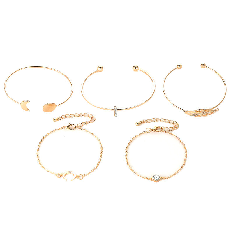 Ensemble de 5 Bracelets Femme Boho Lune Feuille Cristal Protéine Style Plage