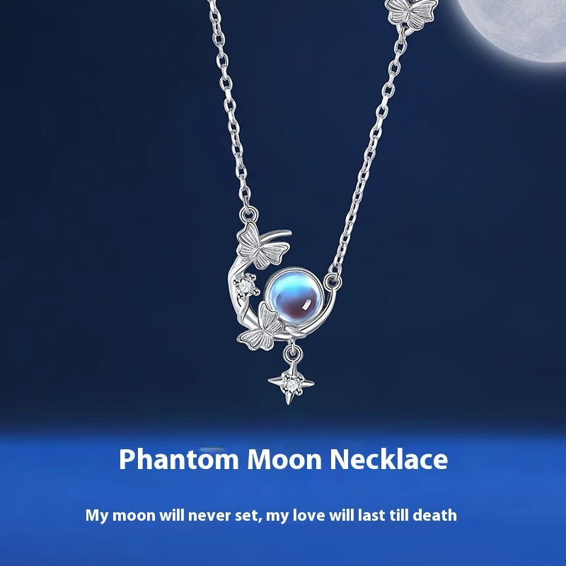 S925 Sterling Silver Moon Necklace Female Moonstone Moon Butterfly