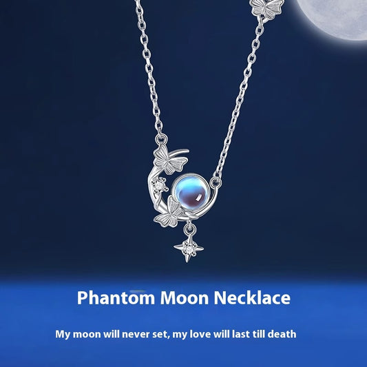 S925 Sterling Silver Moon Necklace Female Moonstone Moon Butterfly