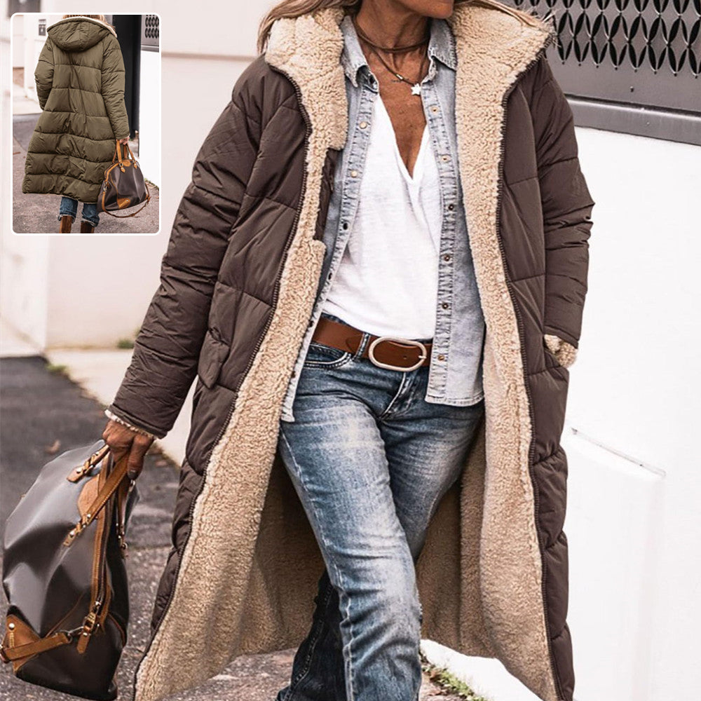 Manteau à capuche uni, long, réversible Manche longue, coupe slim élégante, veste cardigan pour femme, hiver