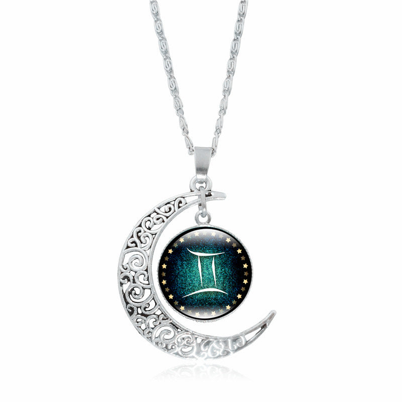 Pendentif Lune Argentée  Signe du Zodiaque avec Gemmes Incrustées