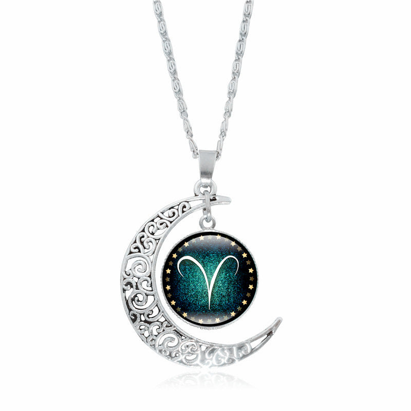 Pendentif Lune Argentée  Signe du Zodiaque avec Gemmes Incrustées