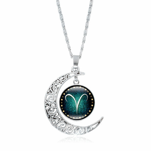 Pendentif Lune Argentée  Signe du Zodiaque avec Gemmes Incrustées