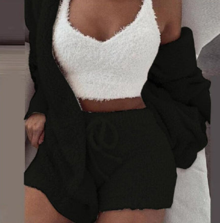 Ensemble Pyjama Femme 3 Pièces  Haut à Manches Longues, Crop Top et Short à Cordons