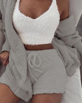Ensemble Pyjama Femme 3 Pièces  Haut à Manches Longues, Crop Top et Short à Cordons