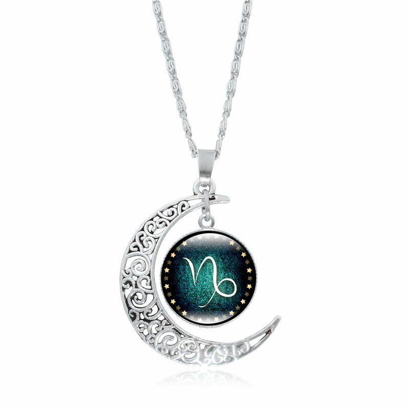 Pendentif Lune Argentée  Signe du Zodiaque avec Gemmes Incrustées