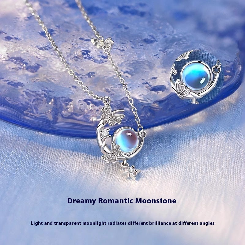 S925 Sterling Silver Moon Necklace Female Moonstone Moon Butterfly