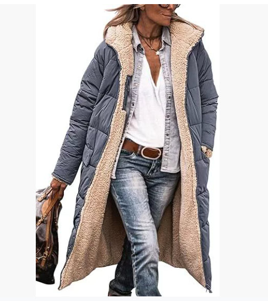 Manteau à capuche uni, long, réversible Manche longue, coupe slim élégante, veste cardigan pour femme, hiver