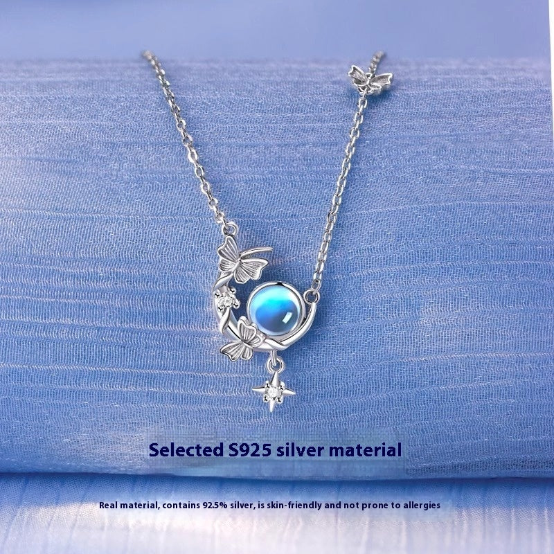 S925 Sterling Silver Moon Necklace Female Moonstone Moon Butterfly