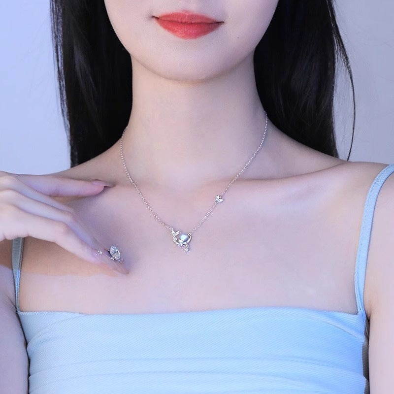 S925 Sterling Silver Moon Necklace Female Moonstone Moon Butterfly