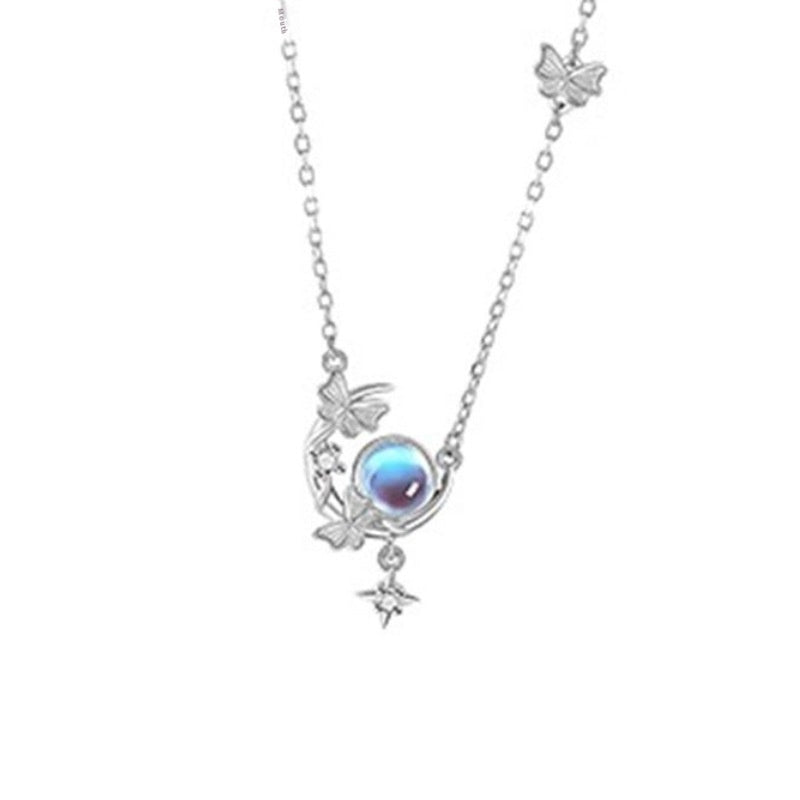 S925 Sterling Silver Moon Necklace Female Moonstone Moon Butterfly