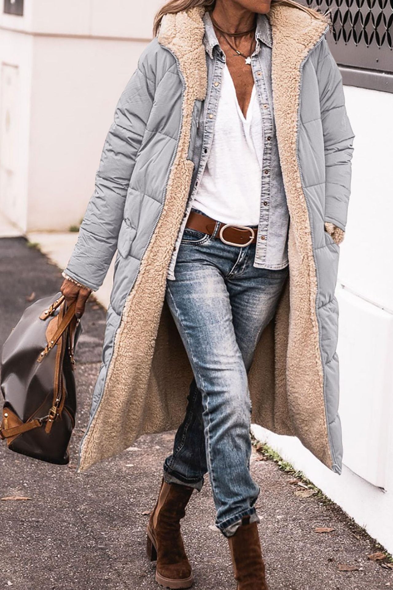 Manteau à capuche uni, long, réversible Manche longue, coupe slim élégante, veste cardigan pour femme, hiver
