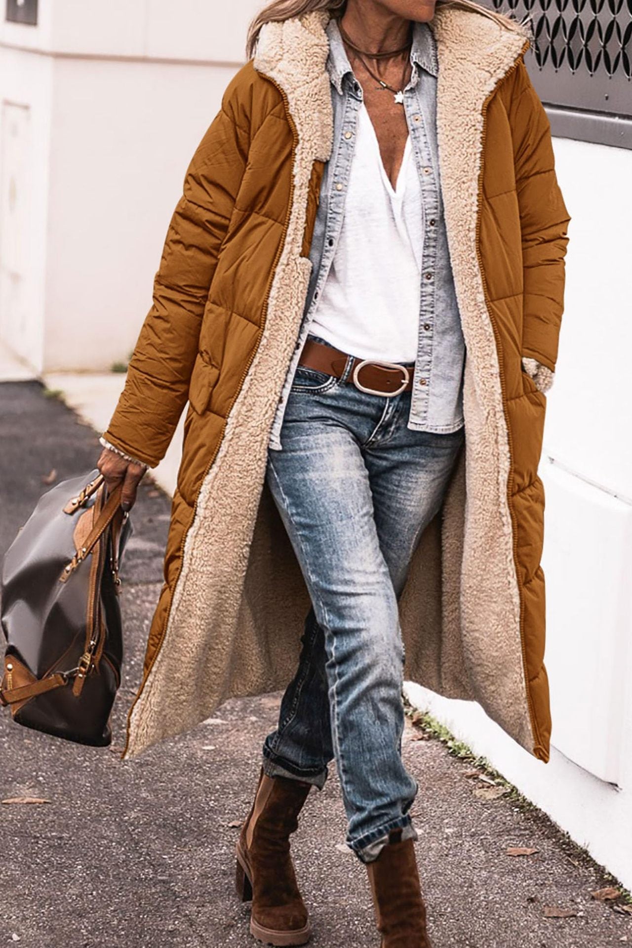 Manteau à capuche uni, long, réversible Manche longue, coupe slim élégante, veste cardigan pour femme, hiver