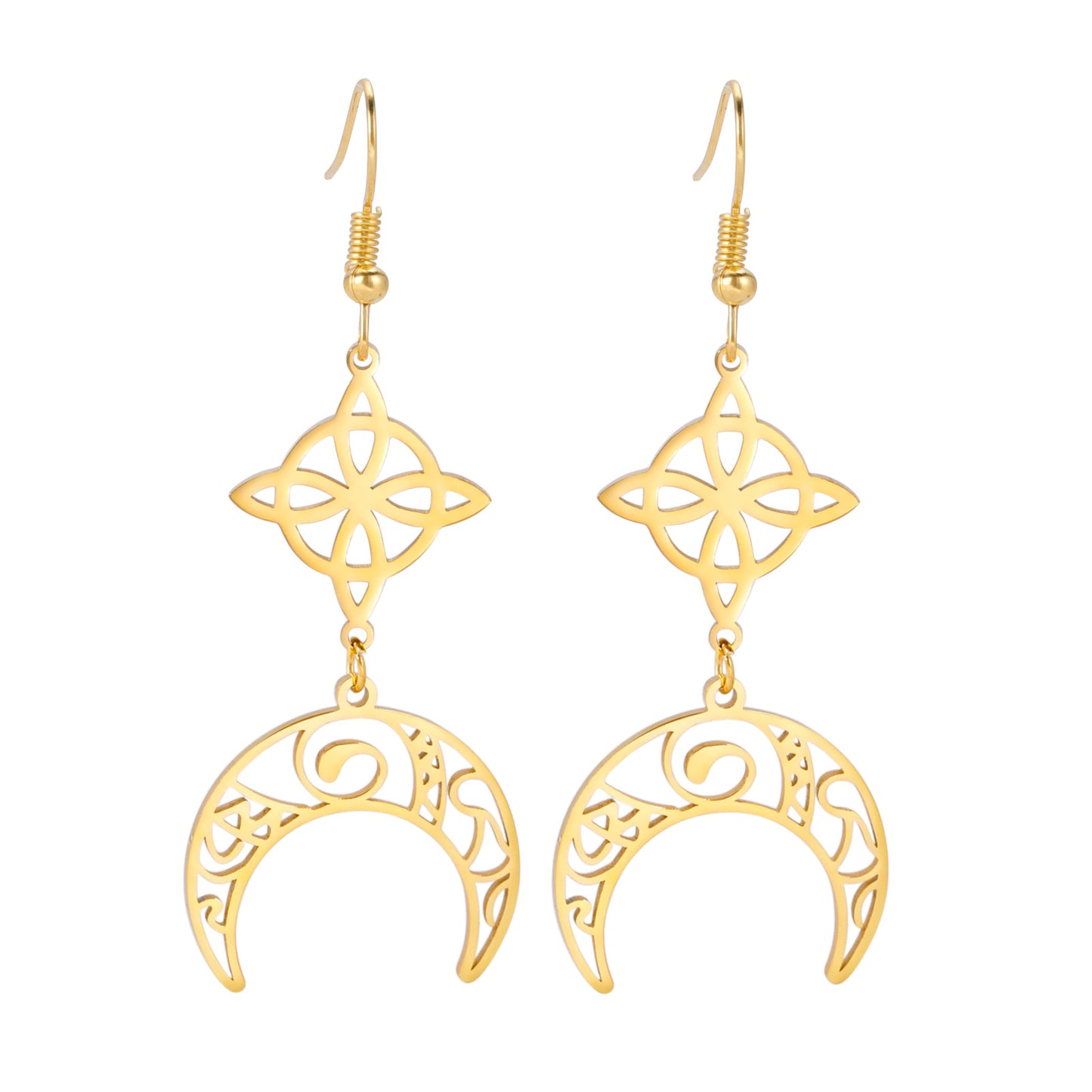 Boucles d’Oreilles Lune & Nœud de Sorcière en Acier Inoxydable