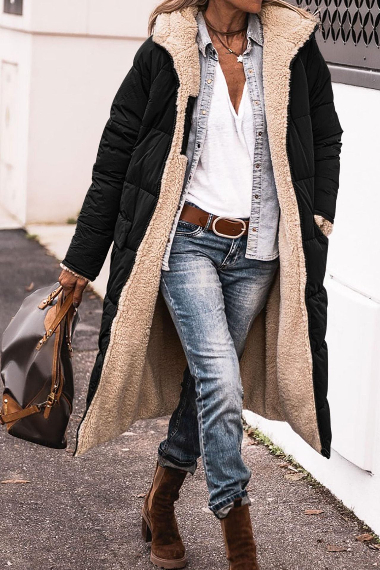 Manteau à capuche uni, long, réversible Manche longue, coupe slim élégante, veste cardigan pour femme, hiver